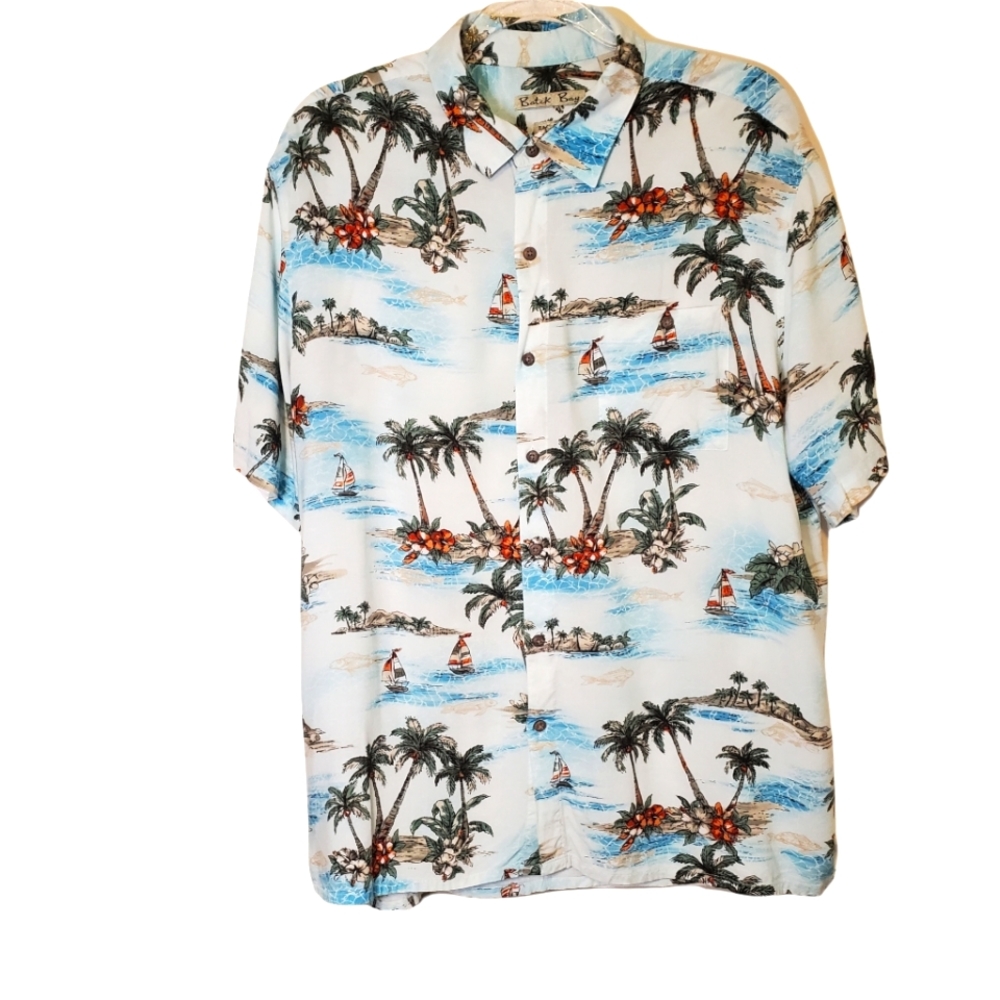 BATEK BAY | Men's white with tropical island print Hawaiian-style shirt. Size XL